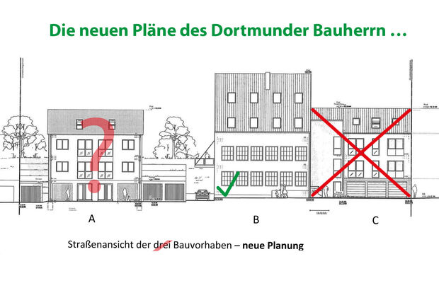Bauherr Roland Bednara erklärte am gestrigen Mittwoch gegenüber „wickede.ruhr HEIMAT ONLINE“ wörtlich: „Das alte Gebäude wird gemacht. Der rechte Anbau nicht mehr. Der linke Anbau ist weiter in Planung.“