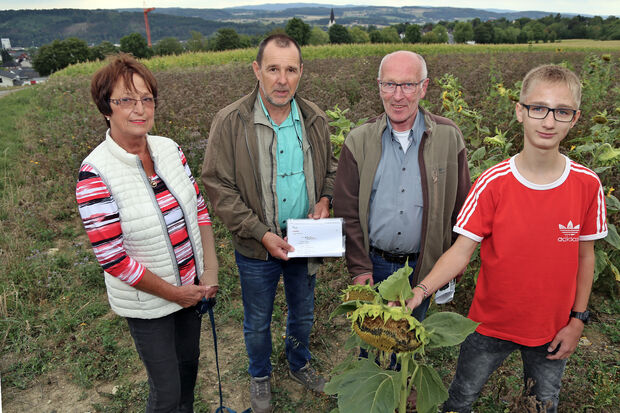 Geldspenden-Übergabe der BG-Vorstandsmitglieder Ilse Prünte und Andreas Pietsch an den Landwirt Eberhard Wenner und Ilja Tönnies (von links), die Felder am Haarstrang mit blühenden Blumen und Kräutern als Lebensraum und Nahrungsquelle für Bienen und Insekten eingesät haben. ARCHIVFOTO: ANDREAS DUNKER