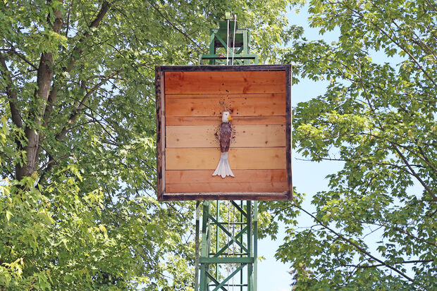 Die letzten Reste des hölzernen Kogeladlers fallen. FOTO: ANDREAS DUNKER
