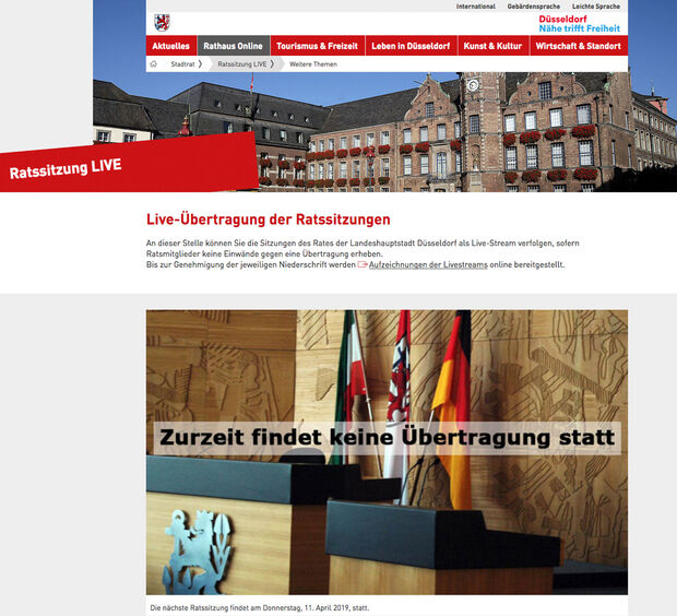 In der nordrhein-westfälischen Landeshauptstadt Düsseldorf sind "Live-Streams" von den Sitzungen des politischen Rates schon längst Usus. BILDSCHIRMFOTO