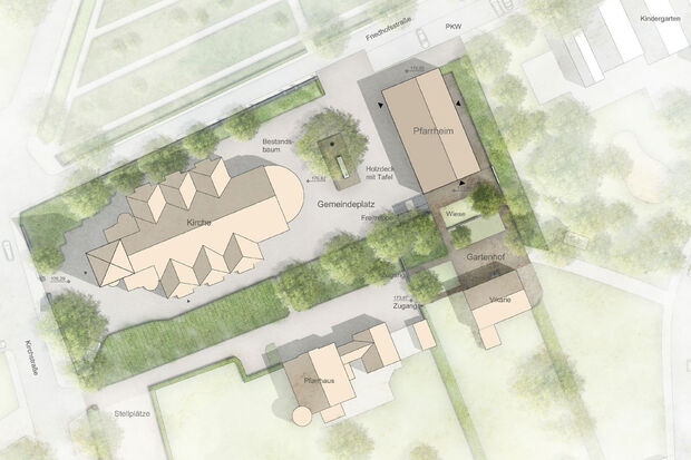 Das neue Pfarrheim zwischen Kirche und Kindergarten GRAFIK: HILKER + PARTNER